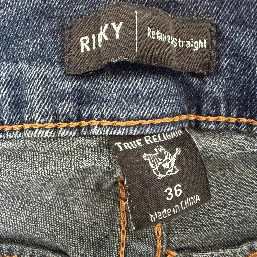 True Religion Ricky Relaxed Straight Jeans Mens 36x32 Blue Flap Stretch Denim